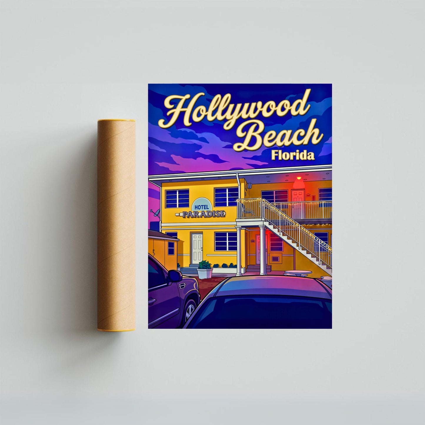 Hollywood Beach Vintage Travel Poster - Evening Stay at Paradise