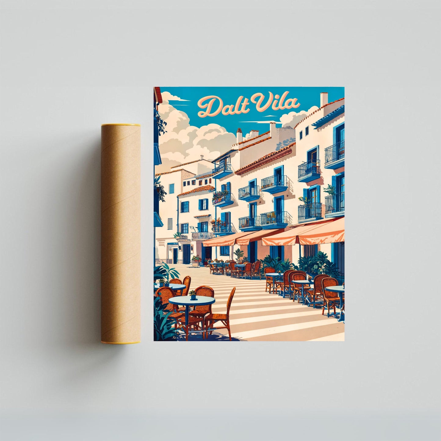 Dalt Vila Vintage Travel Poster - Charming Street and Cafes in Ibiza