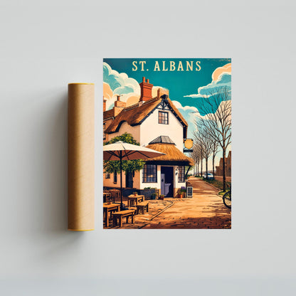 St. Albans Vintage Travel Poster - Charming Pub and Street View
