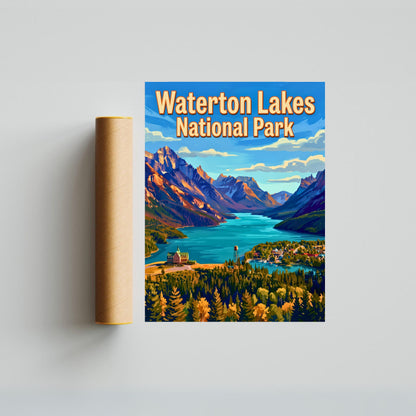 Waterton Lakes National Park Vintage Travel Poster - Lakes Beneath the Peaks