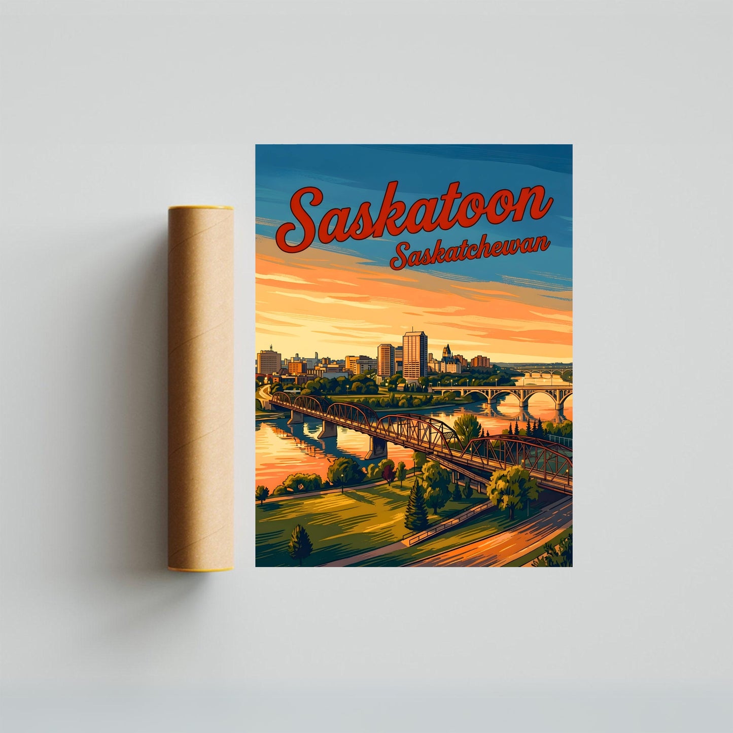 Saskatoon Vintage Travel Poster - Riverside City Sunset View
