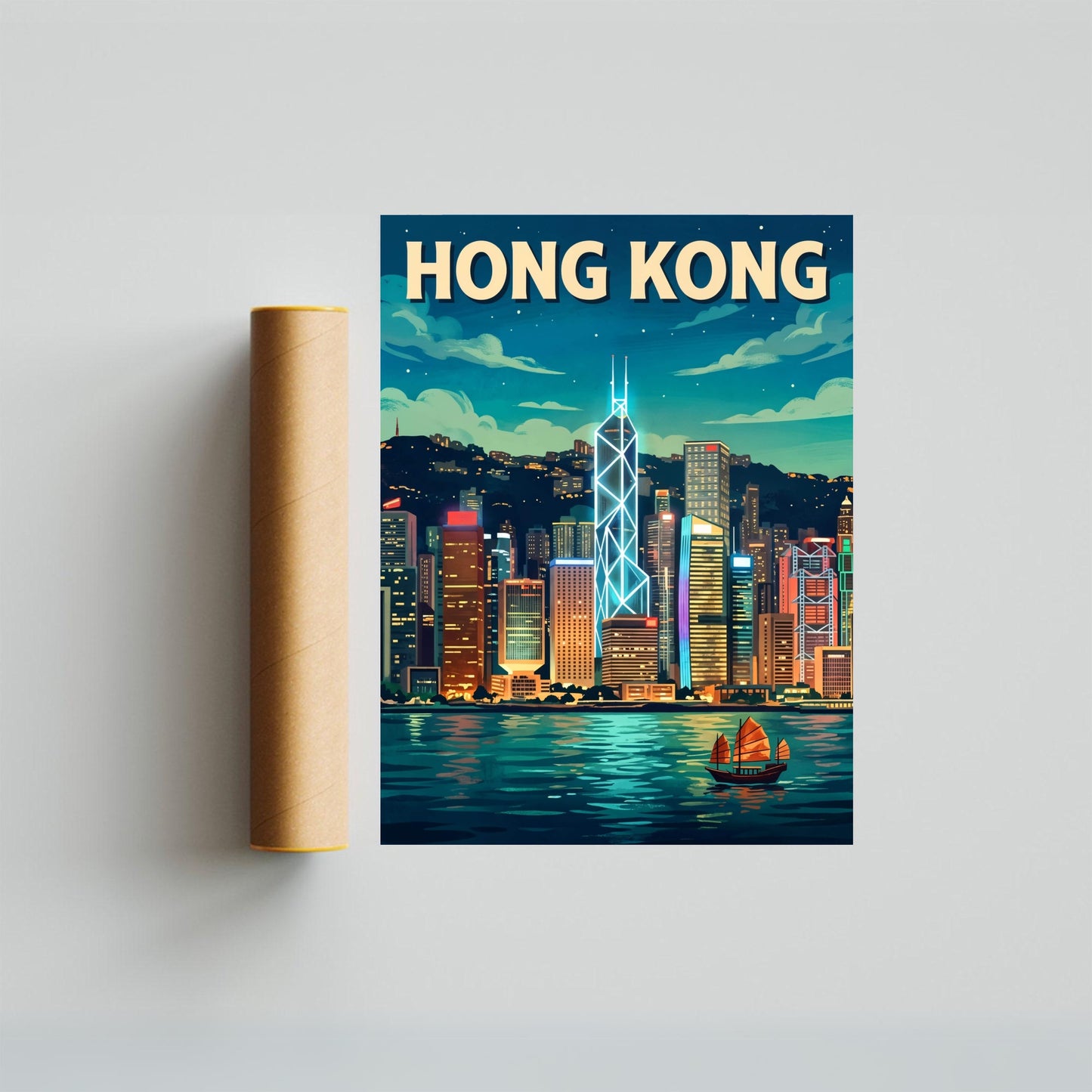 Hong Kong Vintage Travel Poster - Stunning Bank of China Tower Lights