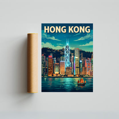Hong Kong Vintage Travel Poster - Stunning Bank of China Tower Lights