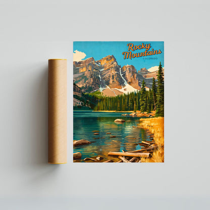 Rocky Mountains Vintage Travel Poster  - Serene Wilderness and Alpine Views