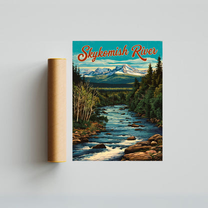 Skykomish River Vintage Travel Poster  - Charming River and Mountain Peak View Washington
