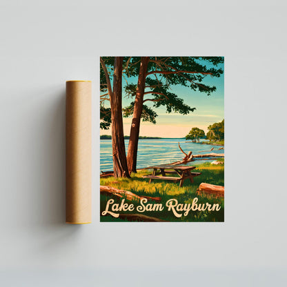 Lake Sam Rayburn Vintage Travel Poster - Calming Lake of Texas