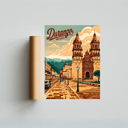 Durango, Mexico Vintage Travel Poster - Iconic Cathedral Landscape