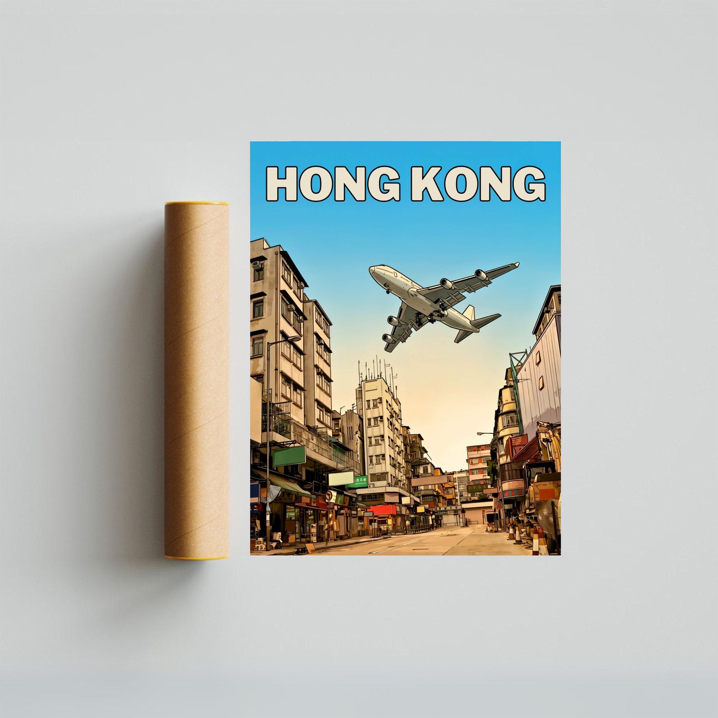 Hong Kong Vintage Travel Poster - Flying View of Kai Tak Airport