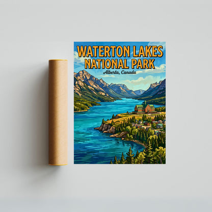 Waterton Lakes National Park Vintage Travel Poster - Peaks, Lakes, and Quiet Trails
