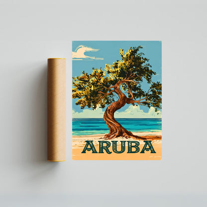 Aruba Vintage Travel Poster - Iconic Tree in Caribbean Island