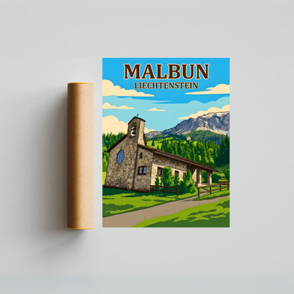 Malbun Vintage Travel Poster - Church
