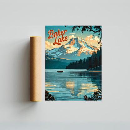 Baker Lake Vintage Travel Poster - Serene Lake and Stunning Glacial Mountain