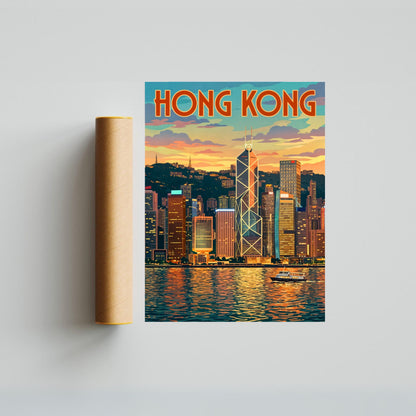 Hong Kong Vintage Travel Poster - Captivating City Skyline