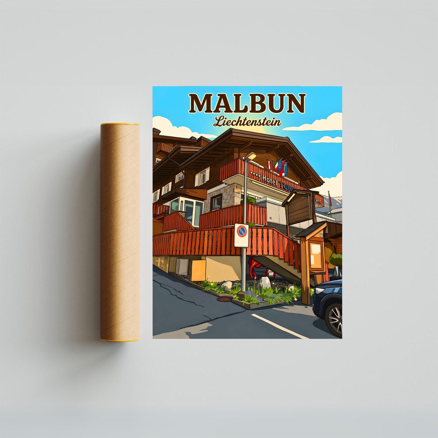 Malbun Vintage Travel Poster - Charming Chalet Hotel