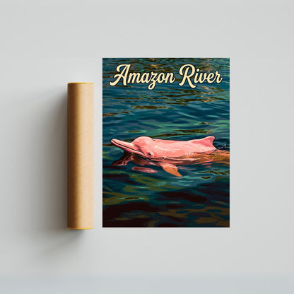 Amazon River Vintage Travel Poster - Pink Dolphin of Rainforest
