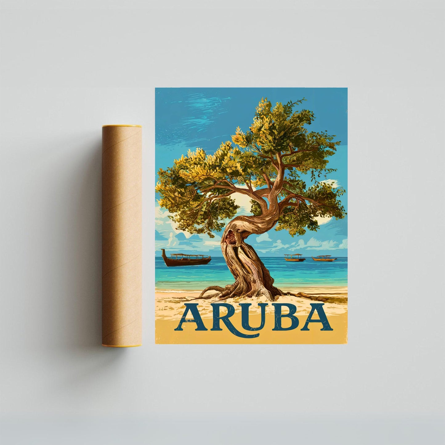 Aruba Vintage Travel Poster - Charming White Sandy Beach in Caribbean