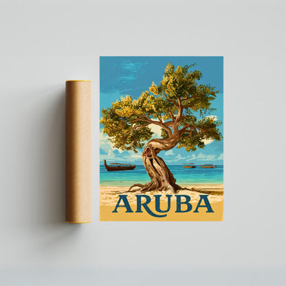 Aruba Vintage Travel Poster - Charming White Sandy Beach in Caribbean