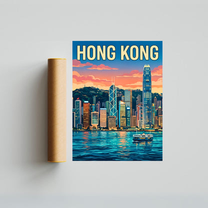 Hong Kong Vintage Travel Poster - City Lights