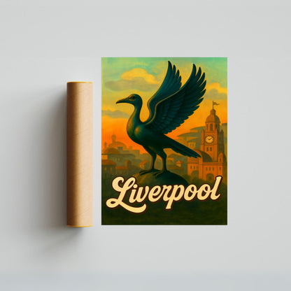 Liverpool Vintage Travel Poster - The Liver Birds, iconic symbols of Liverpool