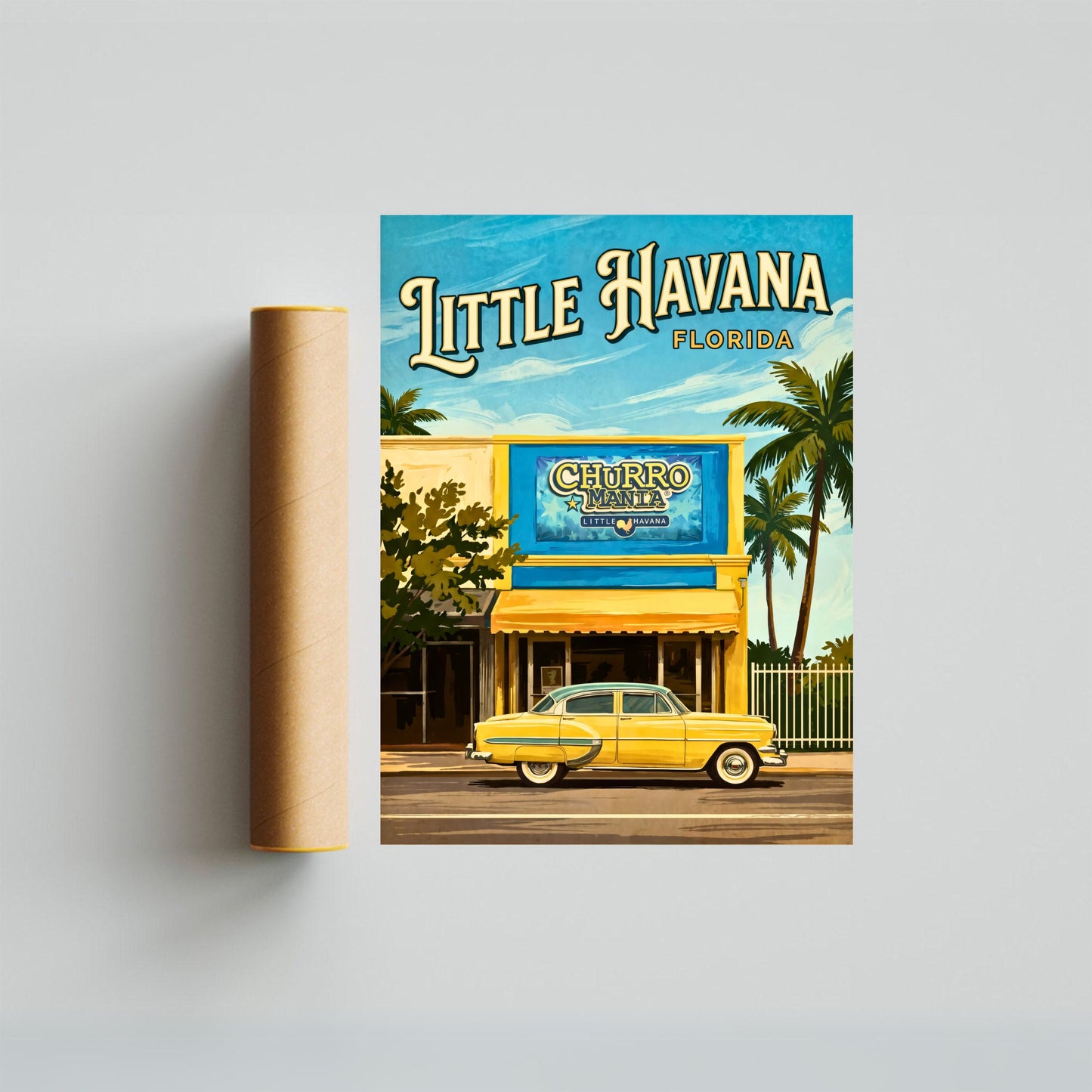 Little Havana Vintage Travel Poster -  Vintage Car in Miami, Florida