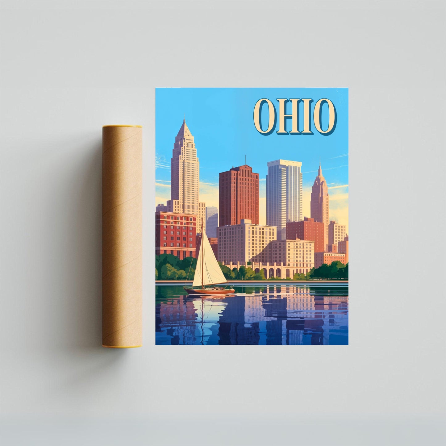 Ohio Vintage Travel Poster - Captivating Skyscrapers and  Waterfront View