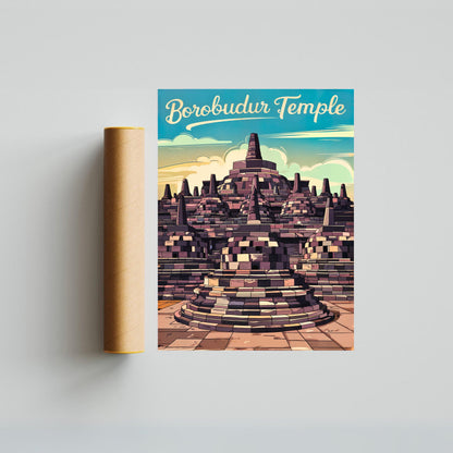 Borobudur Temple Vintage Travel Poster - Indonesia Mystical Beauty