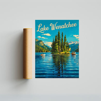 Lake Wenatchee Vintage Travel Poster - Captivating Serene Lake and Boats View Washington