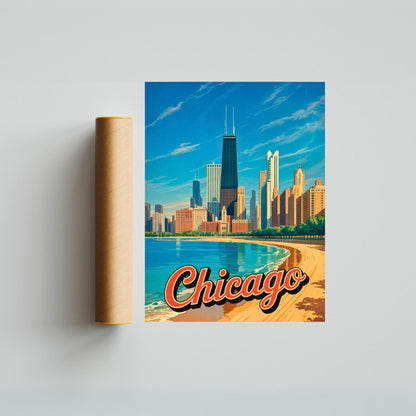 Chicago Vintage Travel Poster - Captivating Skyline view by the beach