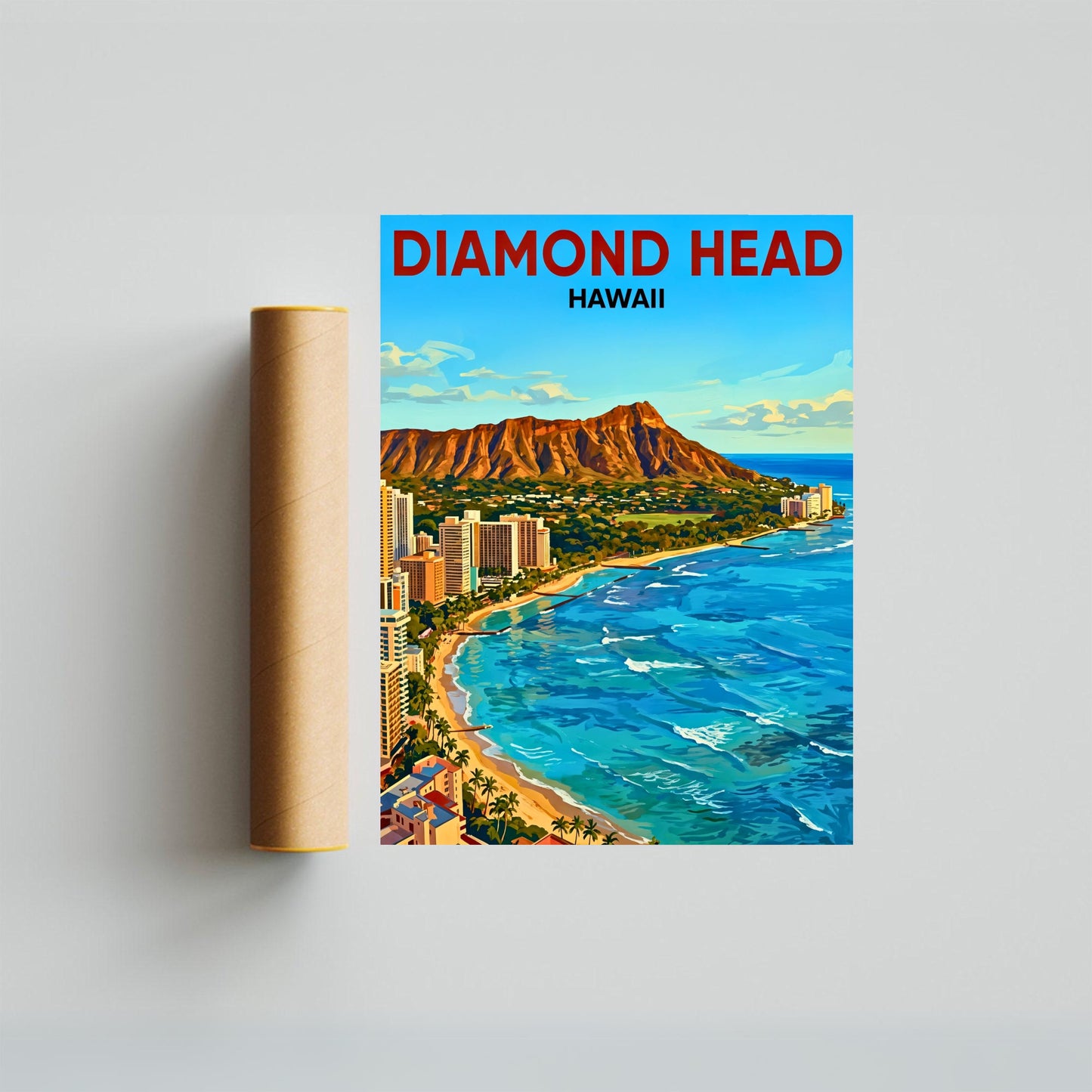 Diamond Head Vintage Travel Poster - Waikiki Hawaii