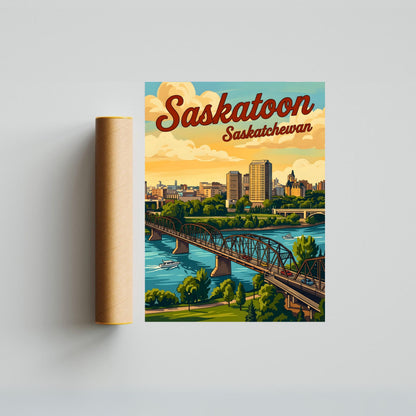 Saskatoon Vintage Travel Poster - Skyline View