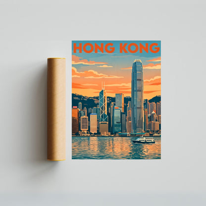 Hong Kong Vintage Travel Poster - Skyline Late Afternoon