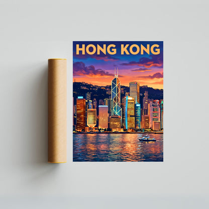 Hong Kong Vintage Travel Poster - Evening Glow