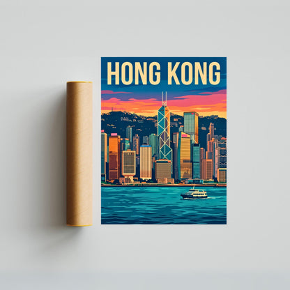 Hong Kong Vintage Travel Poster - Stunning Skyline Before Dark View