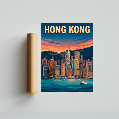 Hong Kong Vintage Travel Poster - Captivating Calm Night