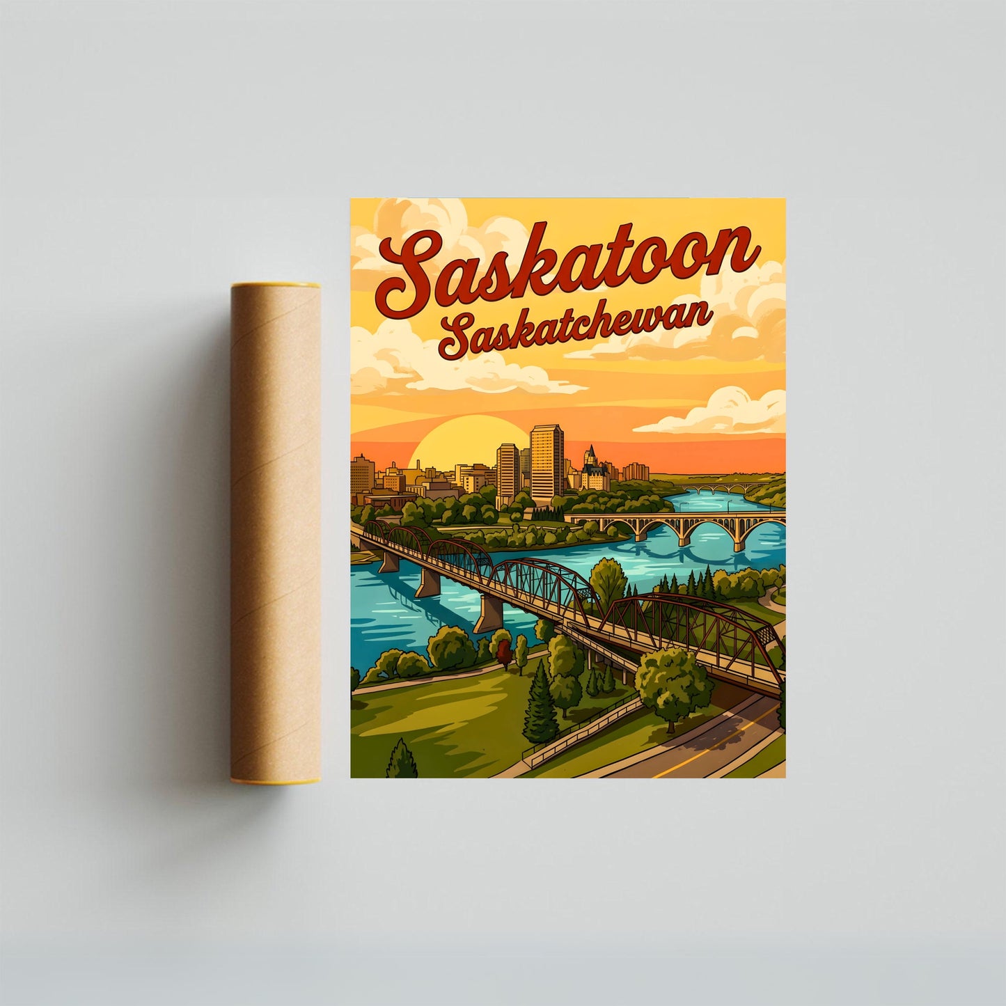 Saskatoon Vintage Travel Poster - River Sunset View