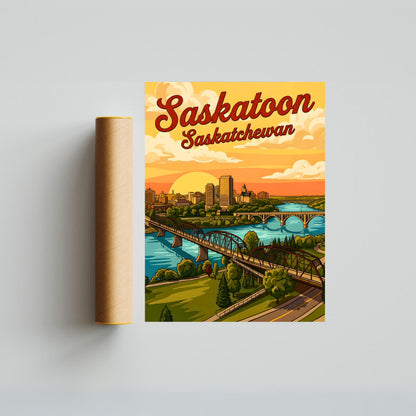 Saskatoon Vintage Travel Poster - River Sunset View