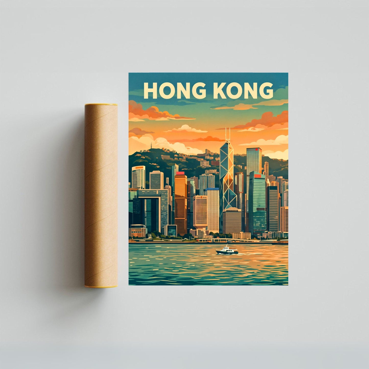 Hong Kong Vintage Travel Poster - Skyline Sunset