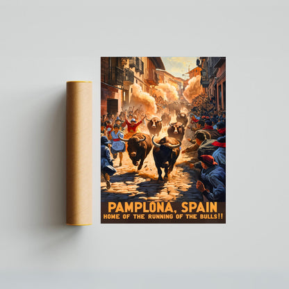 Pamplona Vintage Travel Poster - Chaotic Running Bulls
