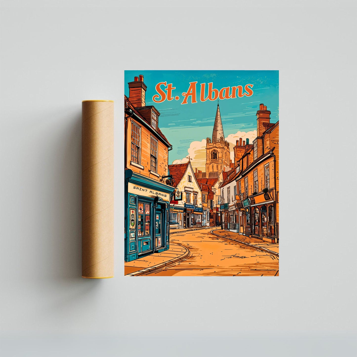 St. Albans Vintage Travel Poster - Charming Street Town View