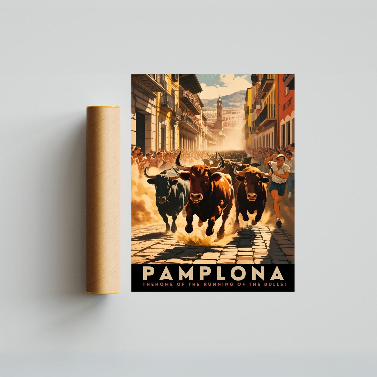 Pamplona Vintage Travel Poster - The Home of Running Bulls