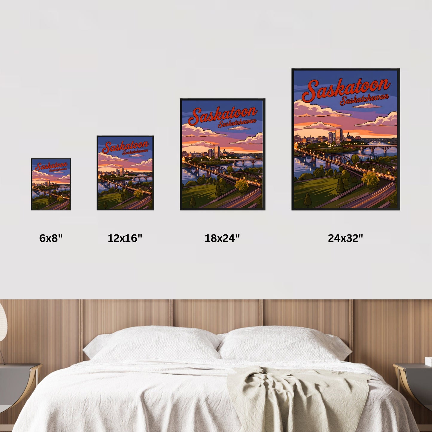 Saskatoon Vintage Travel Poster - Downtown Evening View