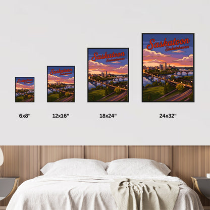 Saskatoon Vintage Travel Poster - Downtown Evening View