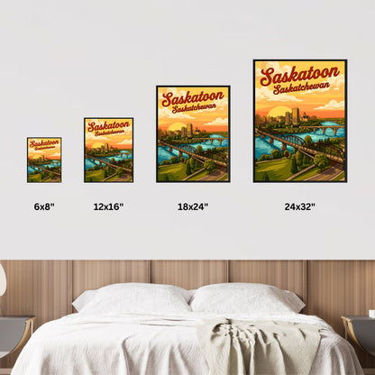 Saskatoon Vintage Travel Poster - River Sunset View
