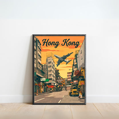 Hong Kong Vintage Travel Poster - Flying into Kai Tak