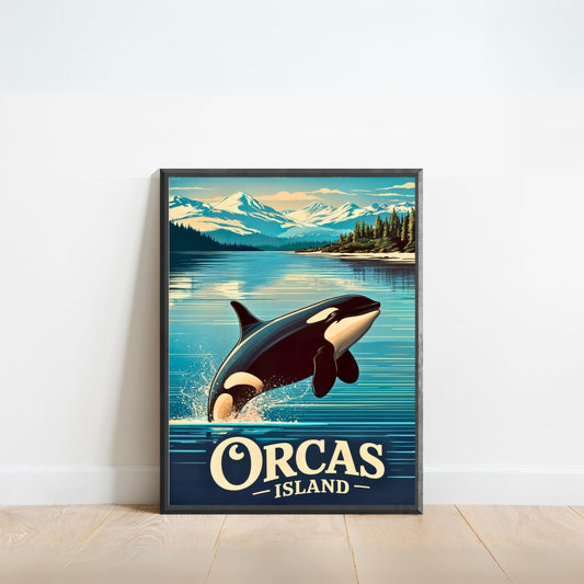 Orcas Island Vintage Travel Poster -  Whale Watching Waters