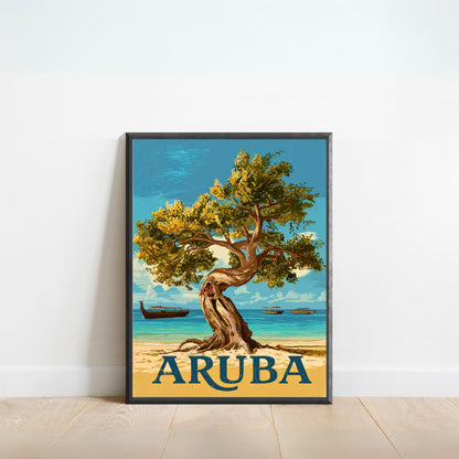 Aruba Vintage Travel Poster - Charming White Sandy Beach in Caribbean