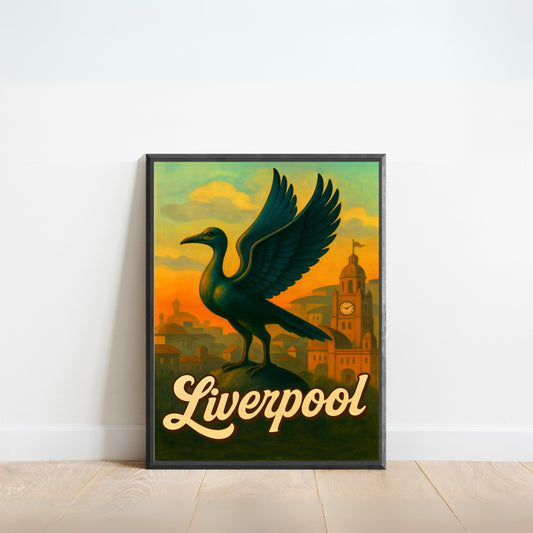 Liverpool Vintage Travel Poster - The Liver Birds, iconic symbols of Liverpool