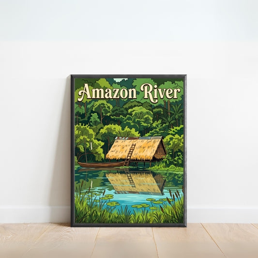Amazon River Vintage Travel Poster - Hut on the Waters