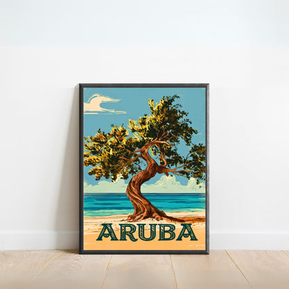 Aruba Vintage Travel Poster - Iconic Tree in Caribbean Island