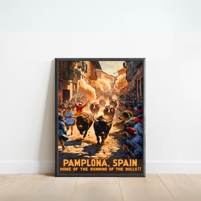 Pamplona Vintage Travel Poster - Chaotic Running Bulls
